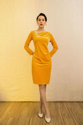 Asymmetric Neck Velvet Midi Dress with Long Sleeves and Elegant Draped Detailing